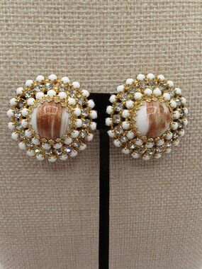 Vintage Hobe 60s Milk Glass Copper Fluss Clip On Earrings